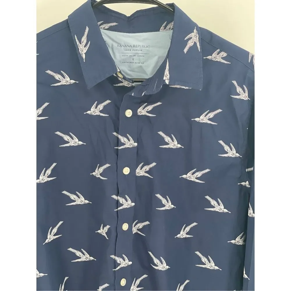 Banana Republic Shirt Slim Button Down Mens Large Luxe Poplin Untucked Bird Blue